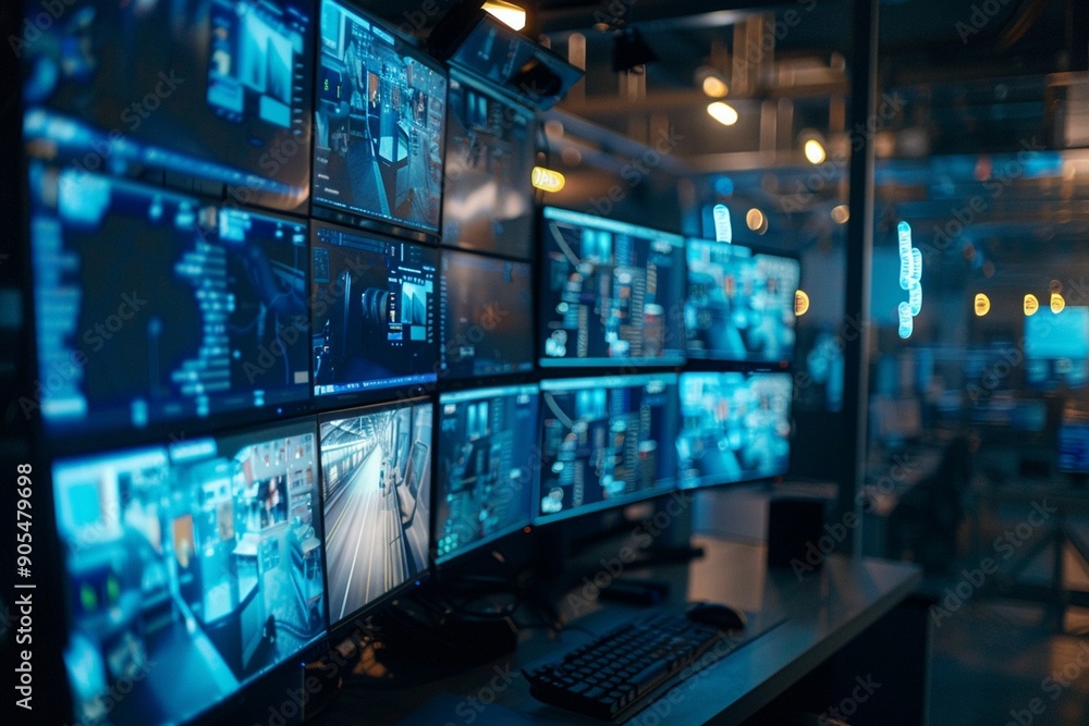 Industry 4.0 Modern Factory%3A Security Control Room with Multipoke Computer Screens Showing Surveillance Camera Footage Feed. High-Tech Security Industry 4.0 Modern Factory%3A Security Control Room with Multipoke Computer Screens Showing Surveillance Camera Footage Feed. High-Tech Security