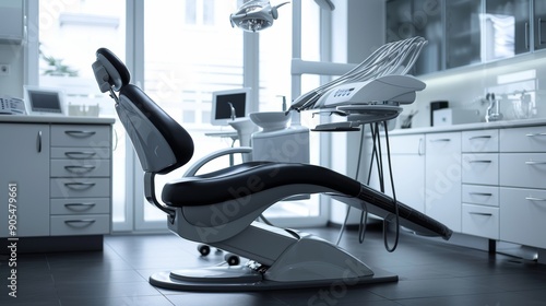 Modern Dental Clinic Interior Featuring Advanced Equipment and Comfortable Chair in Bright Natural Light photo