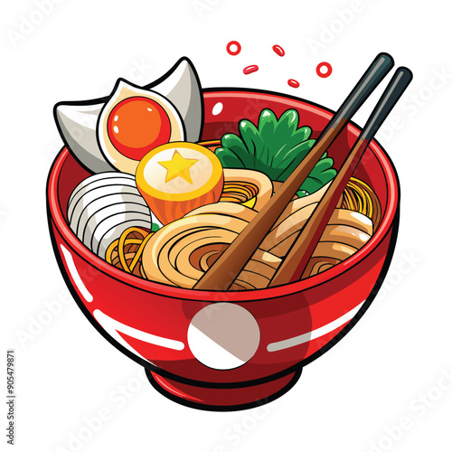 Red Bowl of Ramen with Chopsticks and Toppings