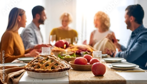 hanksgiving family dinner. Traditional apple pie and vegan meal close up, with blurred happy people around the table celebrating the holiday. photo