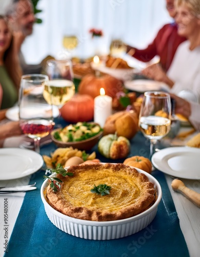 hanksgiving family dinner. Traditional apple pie and vegan meal close up, with blurred happy people around the table celebrating the holiday. photo