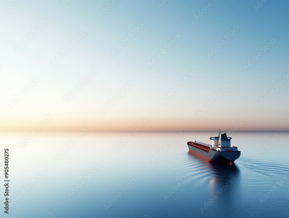 Naklejka premium 3D render of a cargo ship on a long journey across the ocean, sunset in the background, emphasizing global passage and travel, isolated on white background, copy space