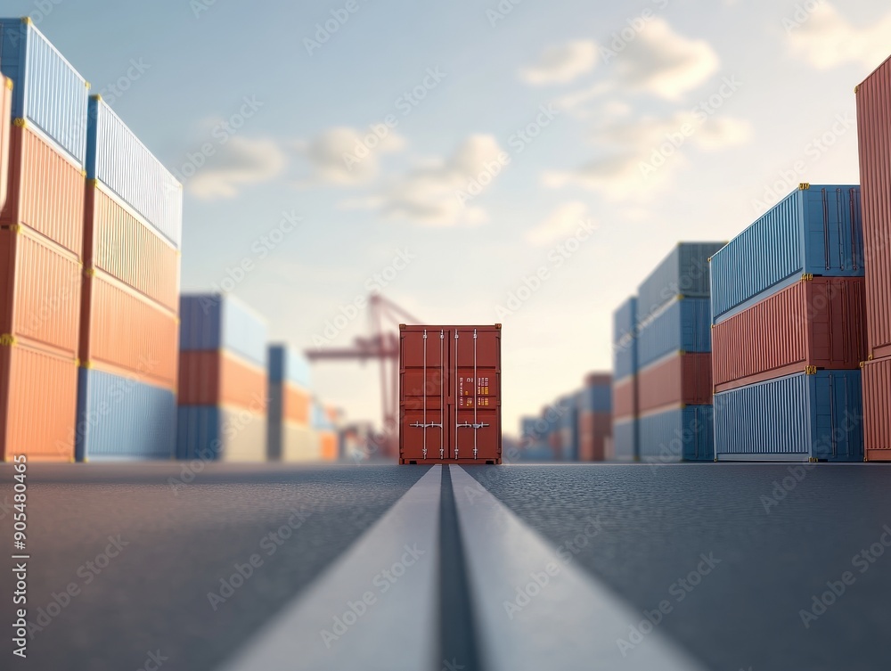 Fototapeta premium 3D render of a bustling trade port with containers being loaded and unloaded