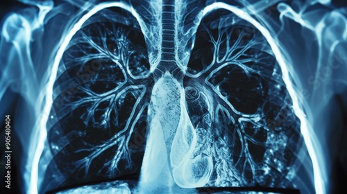 An impressive CT scan image showing a detailed view of the chest cavity, highlighting the lungs and heart, ideal for diagnosing respiratory and cardiac conditions, with high-resolution clarity and