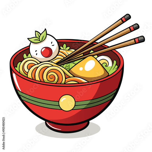 Cartoon illustration of a bowl of ramen with chopsticks