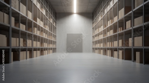 3D render of a modern warehousing facility with shelves stacked high with boxes, organized and efficient storage system, bright lighting, isolated on white background, copy space