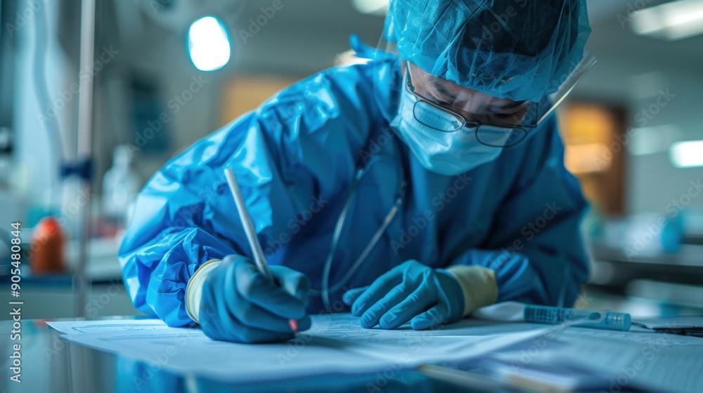A high-resolution medical documentation photo showing a surgeon carefully documenting a surgical procedure, highlighting the importance of accurate and detailed record-keeping in medical practice, A high-resolution medical documentation photo showing a surgeon carefully documenting a surgical procedure, highlighting the importance of accurate and detailed record-keeping in medical practice,