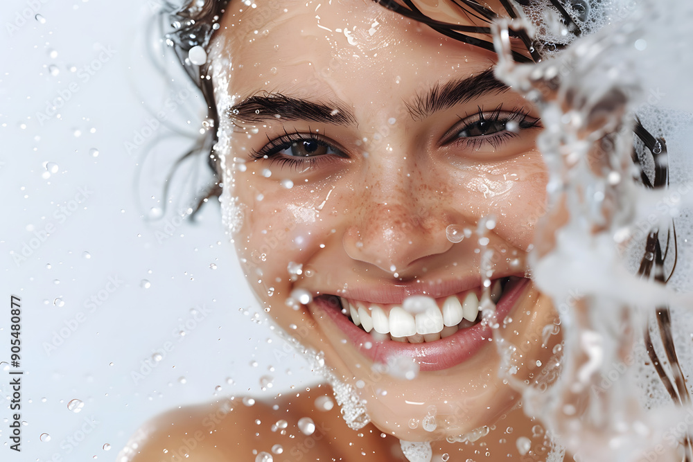 Smiling young woman with water splash and drops around on her face isolated on white background. Healthy hydrated face skin. Skin care and moisturizing concept. Smiling young woman with water splash and drops around on her face isolated on white background. Healthy hydrated face skin. Skin care and moisturizing concept.