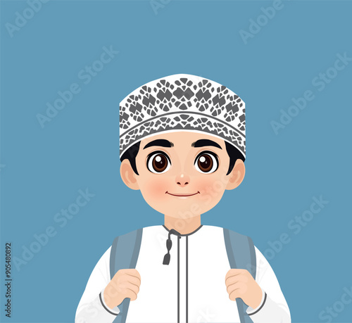 Arabic boy from Oman carrying school bag