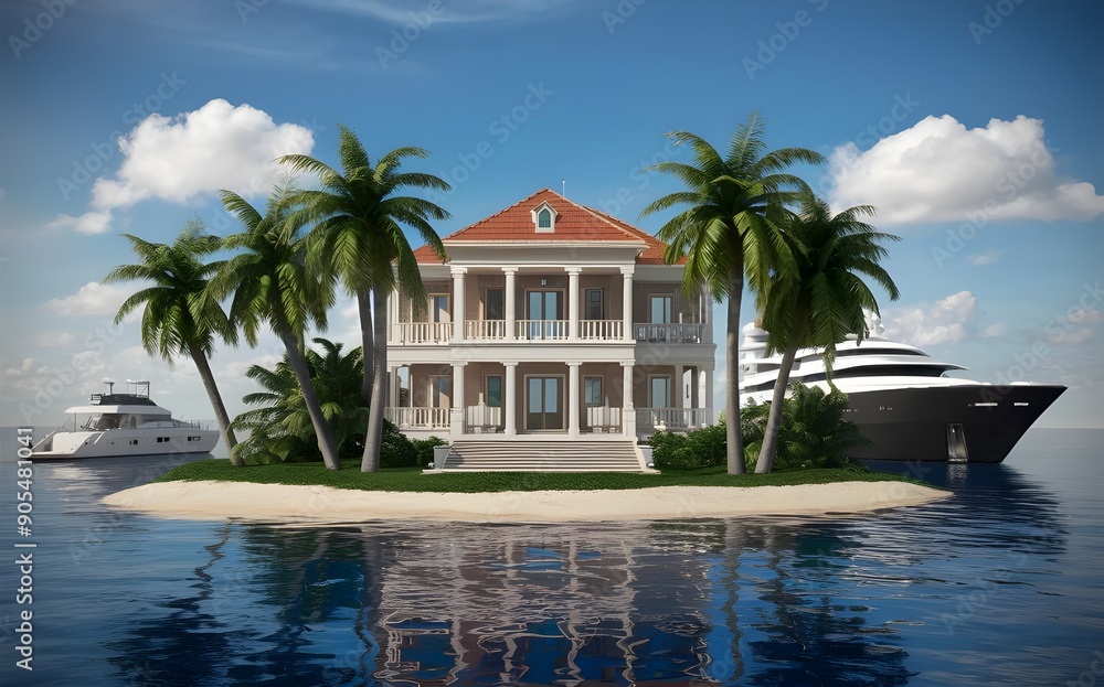 Opulent Private Island House with Yacht and Tropical Palm Trees 3D Visual