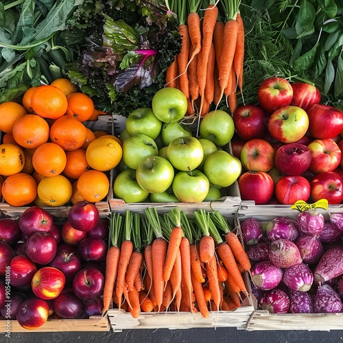 Vibrant fruits and fresh vegetables, including apples, oranges, grapes, tomatoes, and bananas, create a healthy, organic feast photo