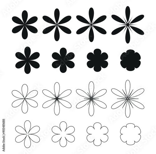 set of flowers silhouette vector illustration - daisy line art stencil, floral doodle art black and white icon logo, spring flower nature pattern design