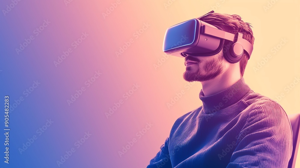 A man experiences virtual reality using a headset, immersed in a colorful, futuristic environment.