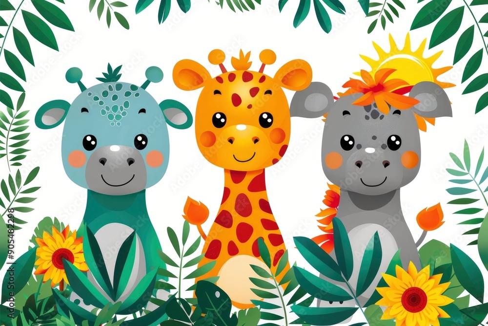 Fototapeta premium Cute Cartoon Giraffe, Elephant and Rhinoceros in Jungle Setting