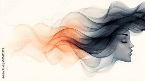 Abstract portrait of a woman with flowing hair, rendered in shades of gray and orange.