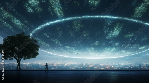 A lone figure gazes up at a giant glowing ring hovering over a city.  The scene evokes a sense of wonder and anticipation.