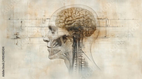 Wallpaper Mural A vintage anatomical illustration of a human skull and brain, with a faded musical score background. Torontodigital.ca