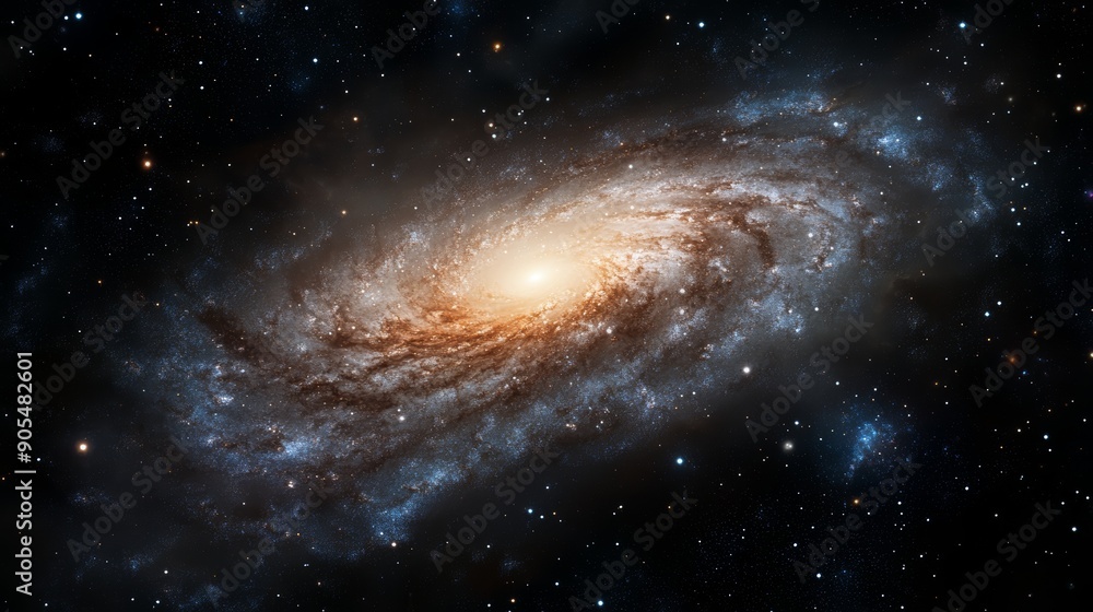 Fototapeta premium A stunning spiral galaxy with a bright core, set against a backdrop of twinkling stars.