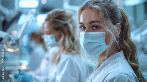 Healthcare Professionals Wearing Masks While Assisting Patients in Modern Medical Facility