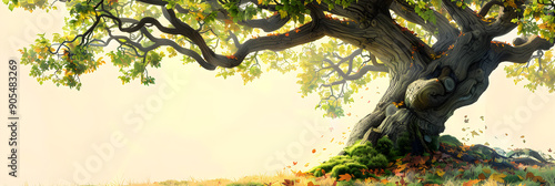 Majestic Oak Tree Illustration Captured at the Peak of Grandeur Encompassing Strength and Resilience Amidst a Serene Environment.