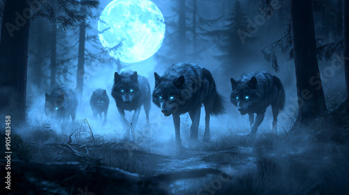 Pack of wolves with glowing eyes hunting in misty moonlit forest, eerie nocturnal scene with fog and shadows, wild predators in atmospheric nature setting photo