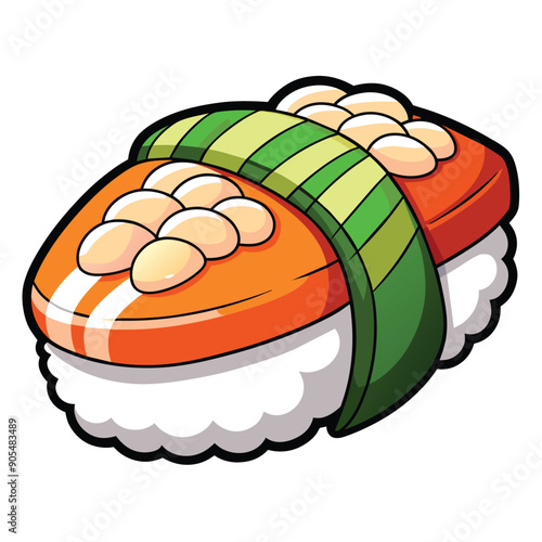 Cartoon illustration of a single piece of sushi with salmon and roe