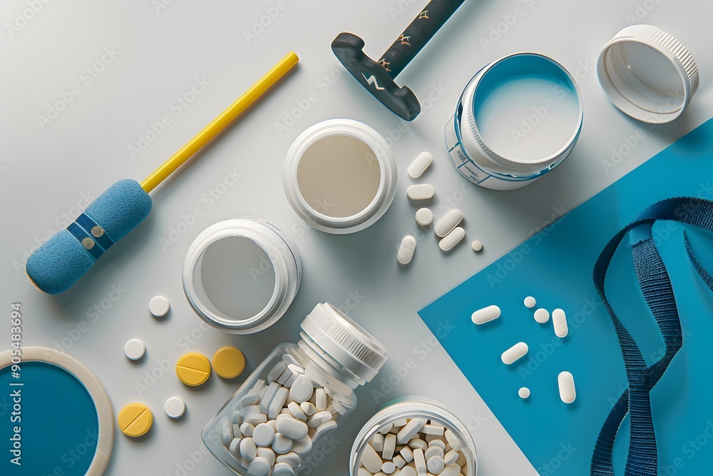 Assorted health supplements and fitness tools on a clean background. Assorted health supplements and fitness tools on a clean background.