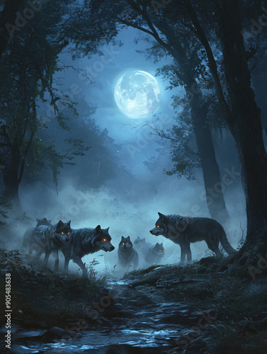 Pack of wolves with glowing eyes hunting in misty moonlit forest, eerie nocturnal scene with fog and shadows, wild predators in atmospheric nature setting photo