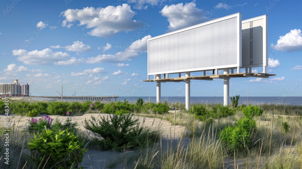 Obraz premium Blank Billboard on Beach with Ocean View