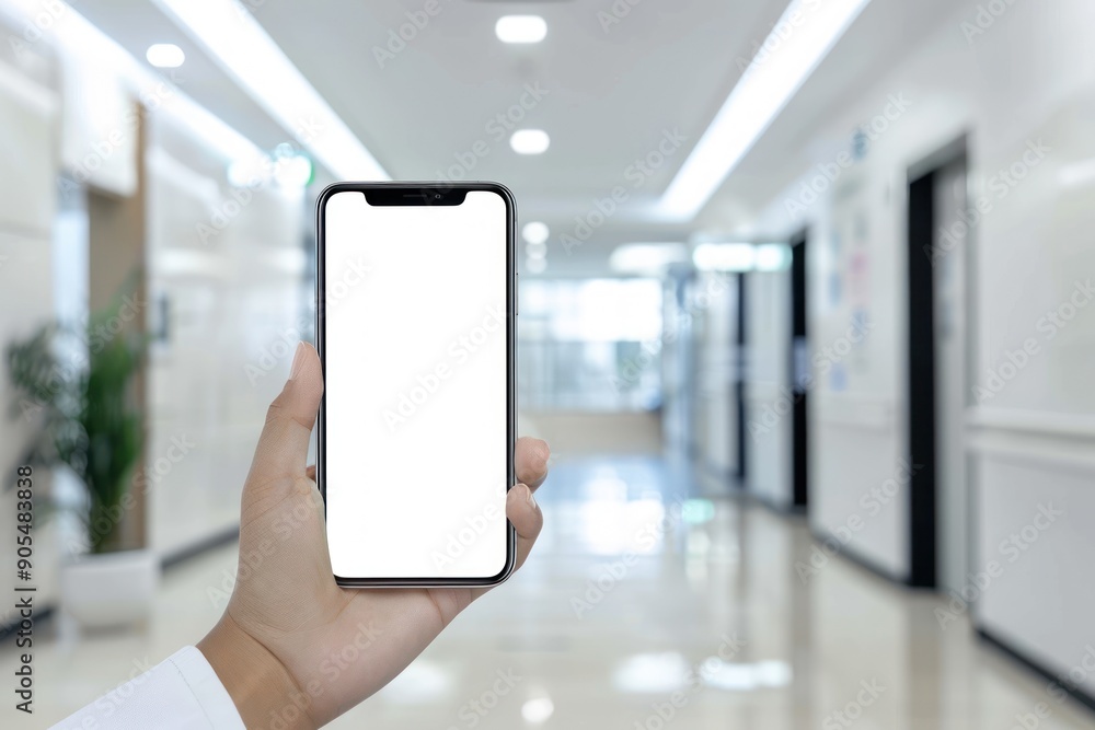 Hand holding smartphone with white screen mockup on background hospital at the doctor bright background Hand holding smartphone with white screen mockup on background hospital at the doctor bright background