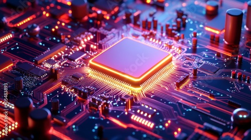 Illuminated Circuit Board, Close-up of glowing circuit board, High-Tech Electronics.