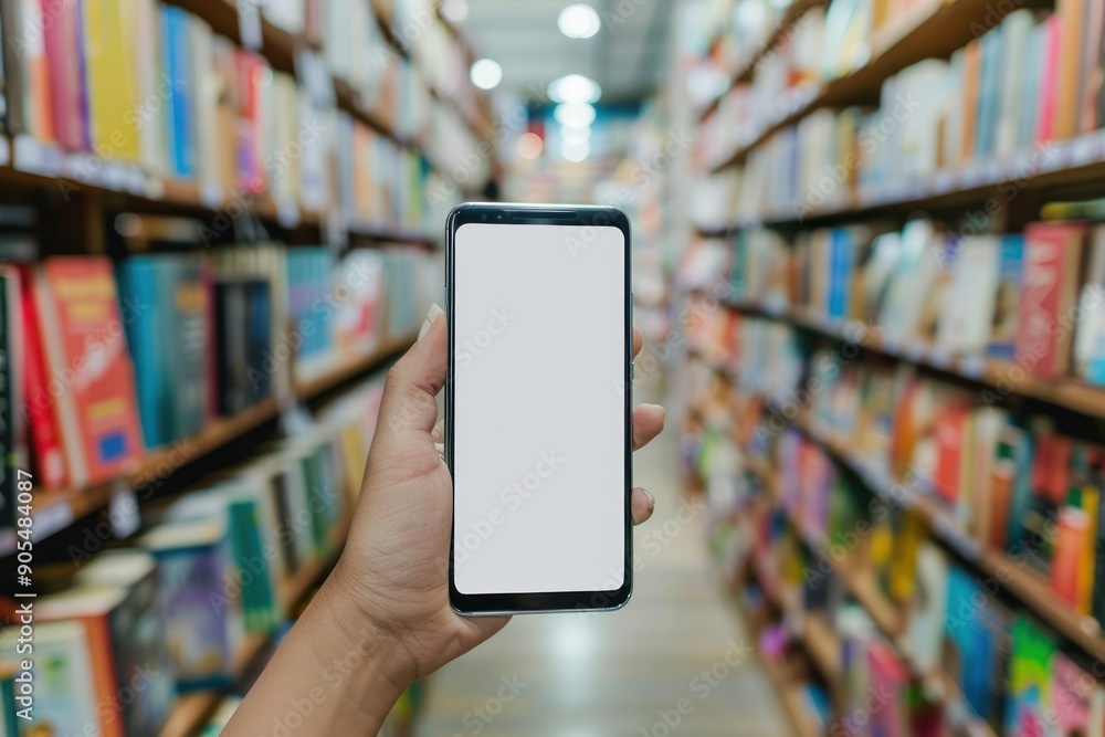 Hand holding smartphone with white screen mockup on background in a bookstore against a rack of books Hand holding smartphone with white screen mockup on background in a bookstore against a rack of books