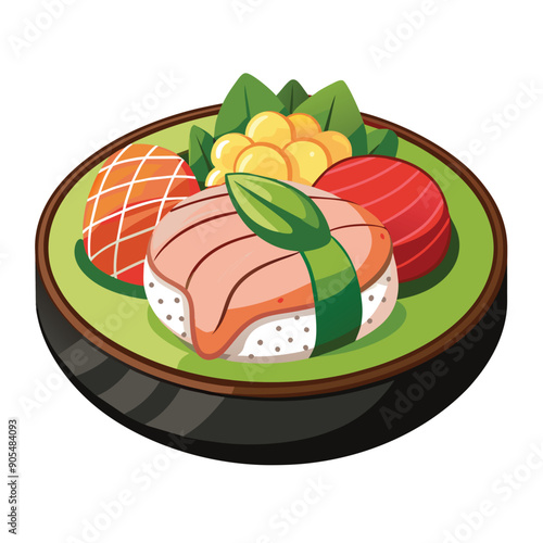 Japanese Sushi Plate with Salmon, Tuna, and Rice