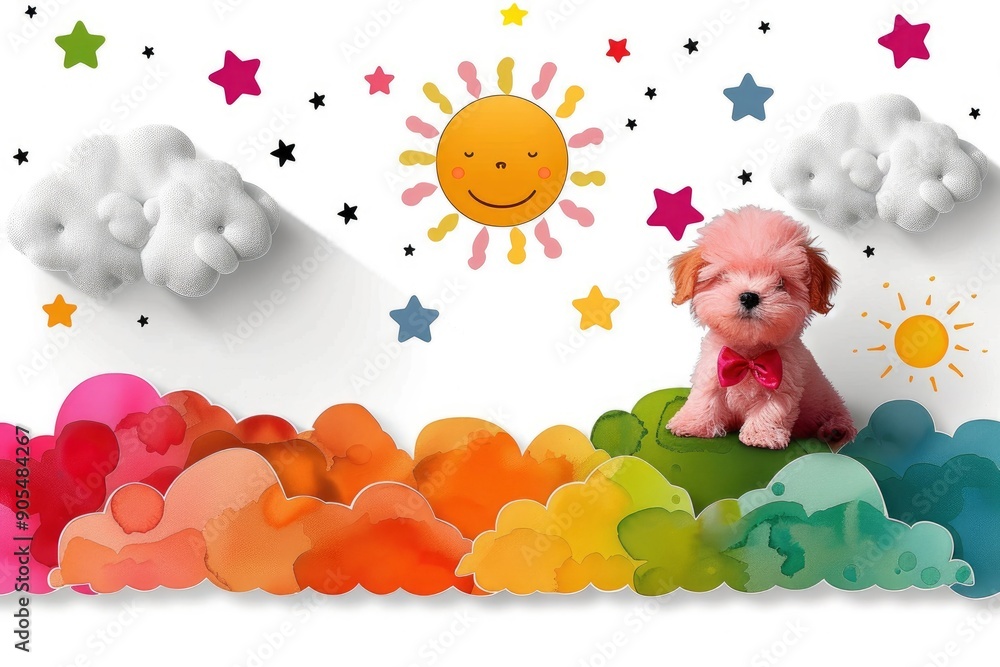 Obraz premium Cute Puppy on a Cloud with Rainbow Colors