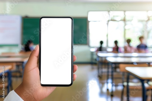 Hand holding smartphone with white screen mockup on background at school in class bright blurred background