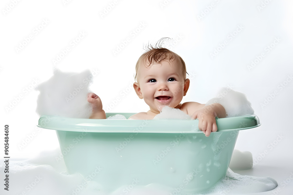 Cute smiling baby sitting in bathtub, isolated on white background Cute smiling baby sitting in bathtub, isolated on white background