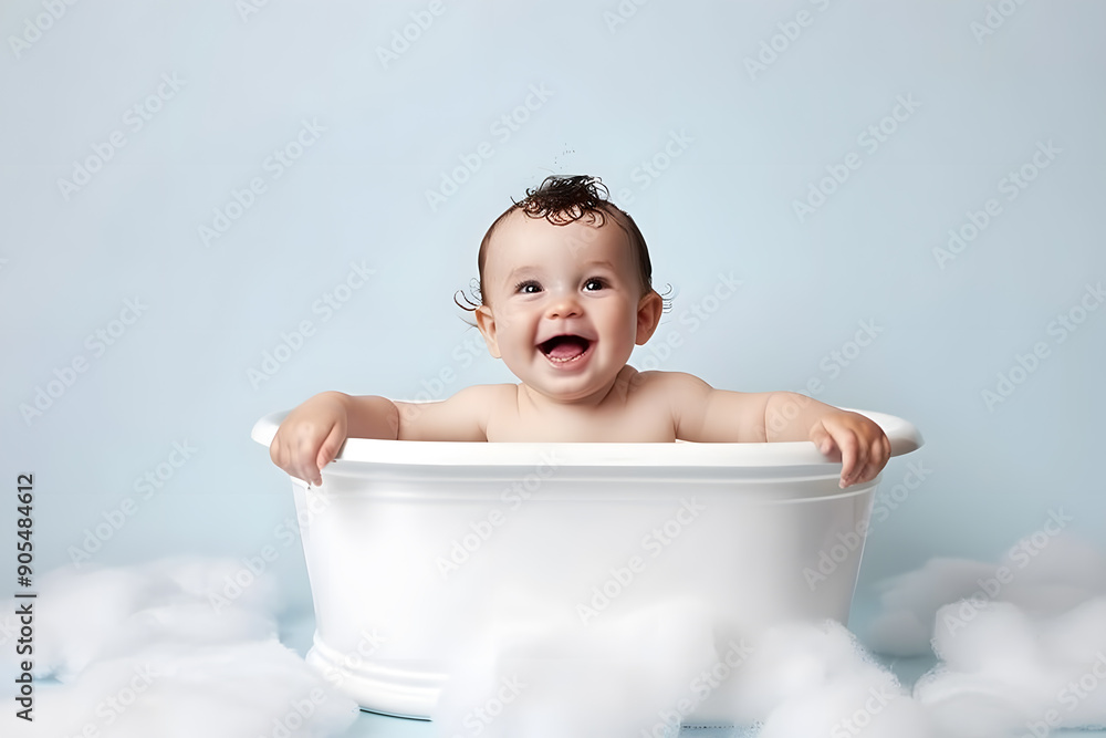 Cute smiling baby sitting in bathtub, isolated on white background Cute smiling baby sitting in bathtub, isolated on white background