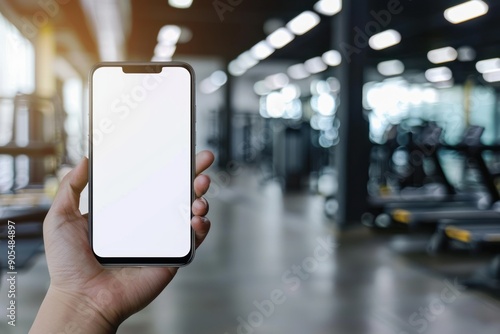 Hand holding smartphone with white screen mockup on background gym bright blurred background