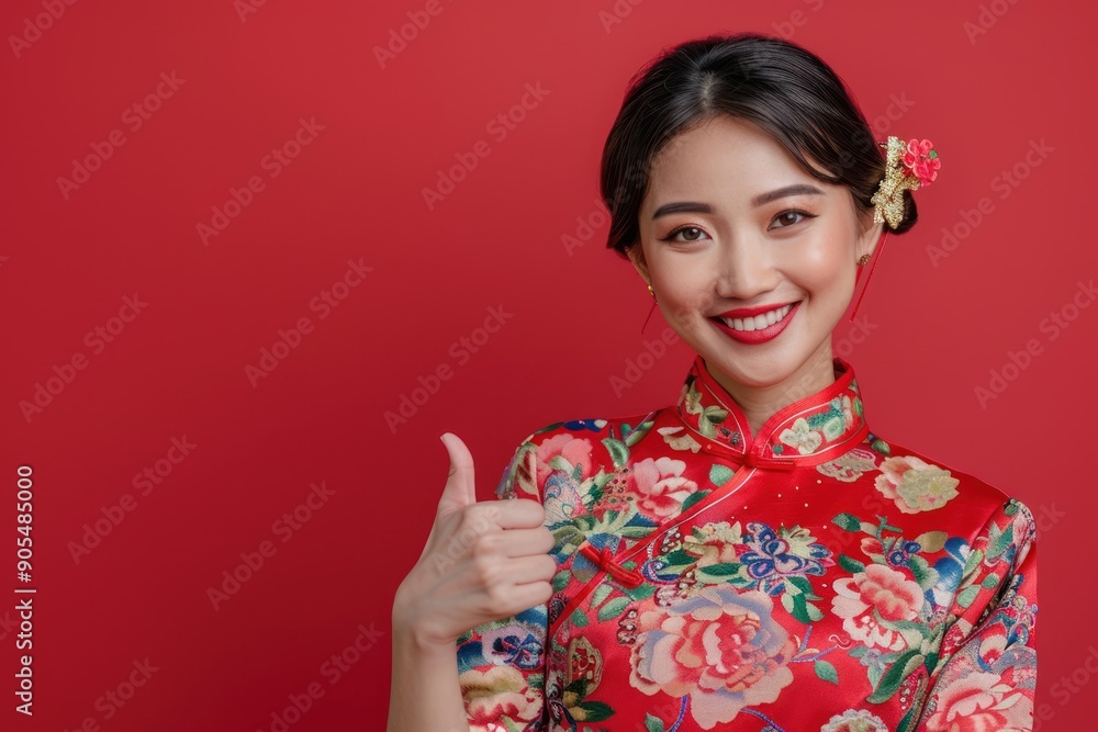 Happy Chinese new year, Asian woman doing thumb up wearing traditional cheongsam qipao dress Happy Chinese new year, Asian woman doing thumb up wearing traditional cheongsam qipao dress
