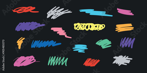 Abstract scribble, chaos doodle elements for design.  Chalk or marker hand drawn rouge scratches.