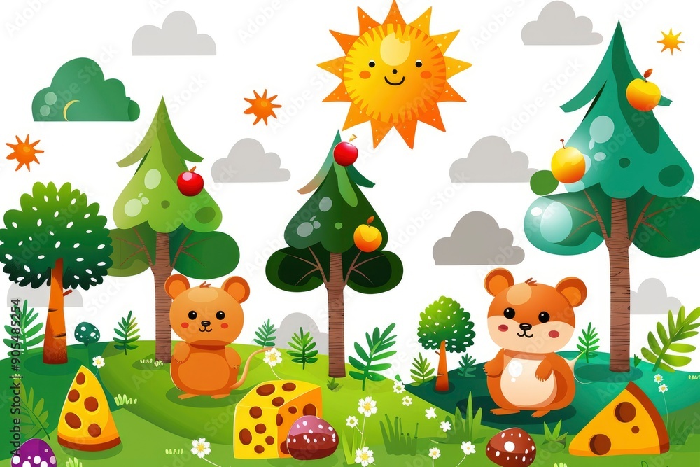 Fototapeta premium Cute Cartoon Animals in a Forest with Sun and Cheese