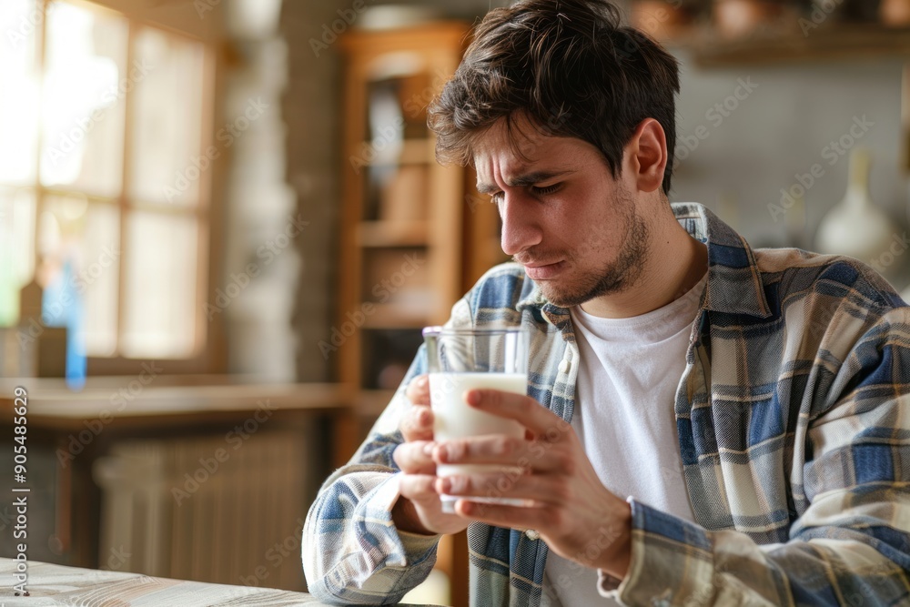 Lactose intolerance and Milk allergy concept. man hold Milk glass and having pain Lactose intolerance and Milk allergy concept. man hold Milk glass and having pain