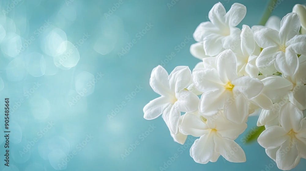 A cluster of fragrant white double jasmine flowers set against a soft, light blue abstract background, providing a tranquil backdrop with room for ad content A cluster of fragrant white double jasmine flowers set against a soft, light blue abstract background, providing a tranquil backdrop with room for ad content