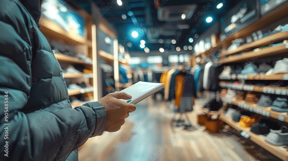 A Person in a Gray Jacket Looking at a Notepad in a Clothing Store A Person in a Gray Jacket Looking at a Notepad in a Clothing Store