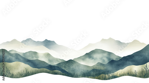 Landscape with mountains with plants illustration minimal with watercolor painting brush texture decoration design