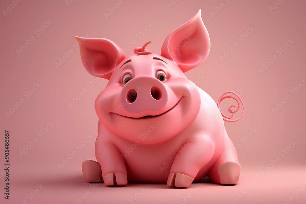 Cartoon pig with a curly tail and a snout on a monochrome background in 3D style, created by ai Cartoon pig with a curly tail and a snout on a monochrome background in 3D style, created by ai
