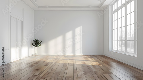Wallpaper Mural A bright, empty room with white walls, a large window with natural light, and hardwood floors. A small potted plant adds a touch of life to the space. Torontodigital.ca