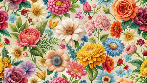 Beautiful seamless pattern featuring various types of flowers, floral, garden, elegant, romantic, background, nature