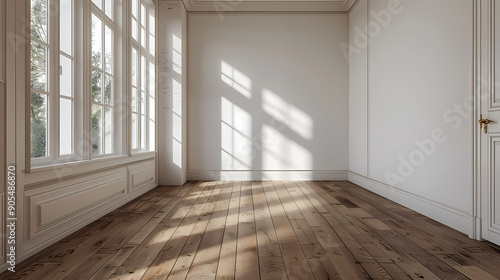 Wallpaper Mural Sunlight streams through a large window in an empty room with white walls and hardwood floors. The room is bathed in soft light, creating a warm and inviting atmosphere. Torontodigital.ca