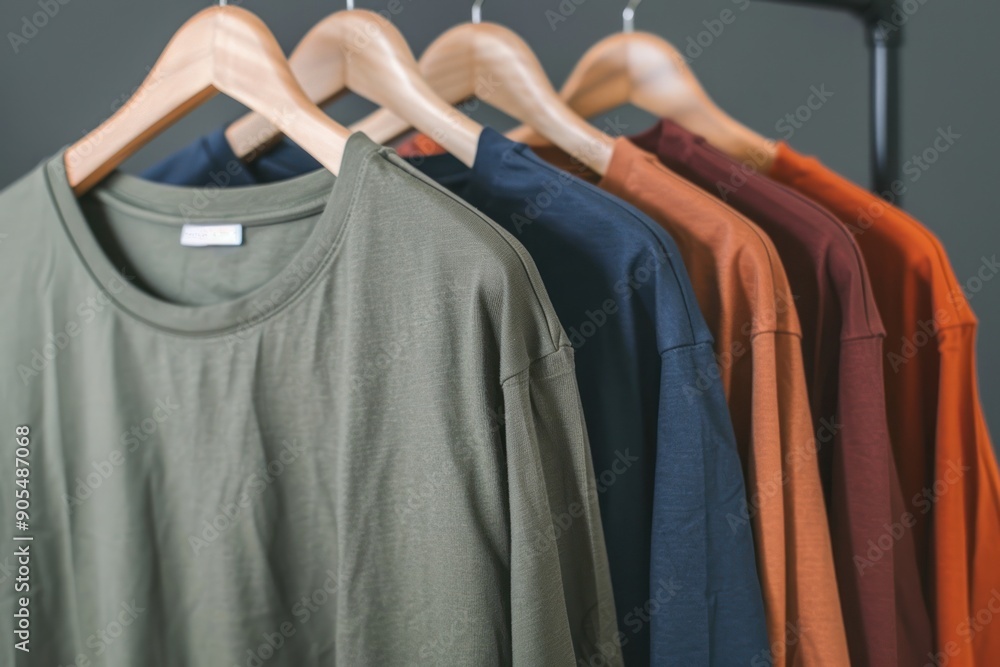 Obraz premium plain t-shirts of different colors hang on a hanger